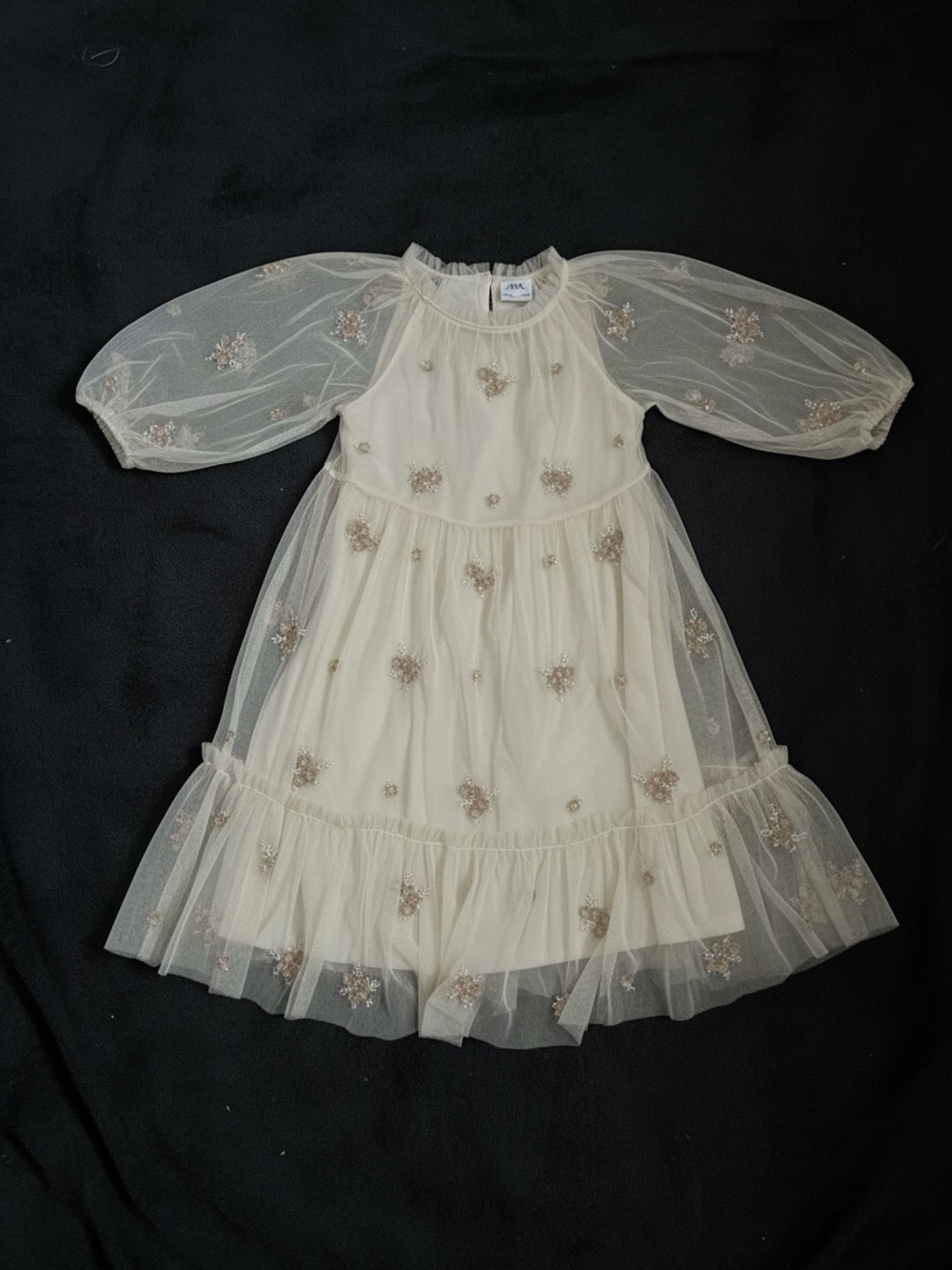 Zara Cream Tulle Dress with Beige and White beading Sparkle Embroidery